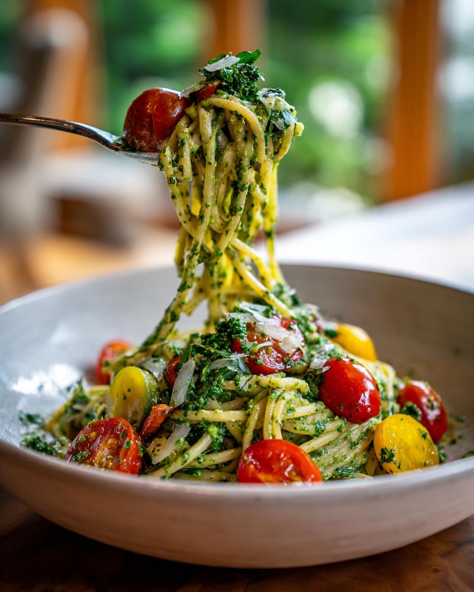 Close-up of pasta salad green goddess with cherry tomatoes, a fresh and vibrant dish.