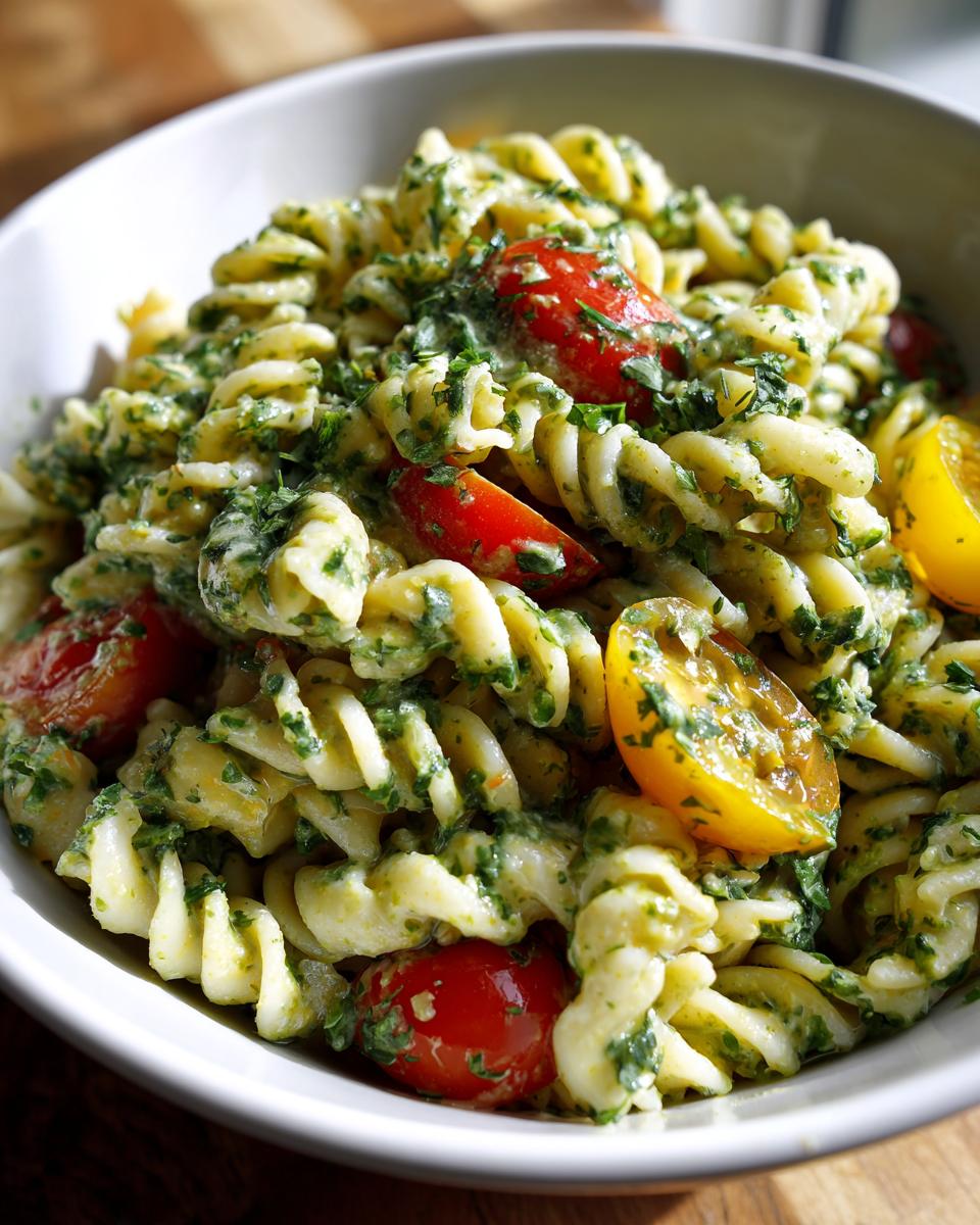Close-up of a bowl of pasta salad green goddess with tomatoes.