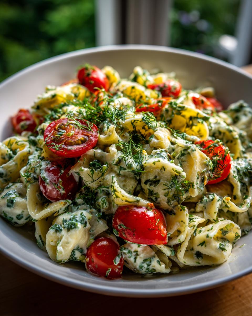 Close-up of a bowl of pasta salad green goddess with cherry tomatoes and fresh herbs.