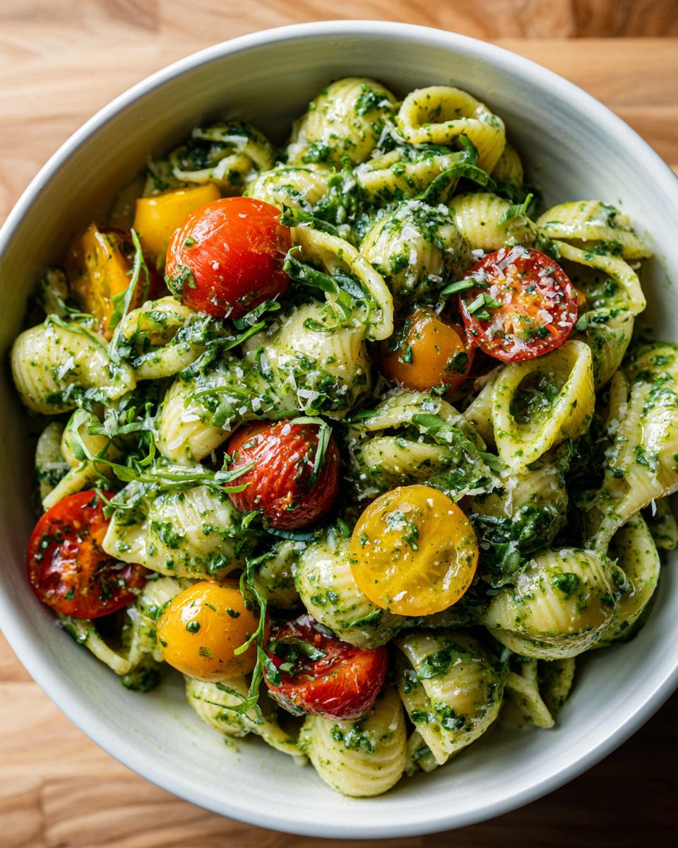 Close-up of a bowl of pasta salad green goddess with tomatoes and fresh herbs.