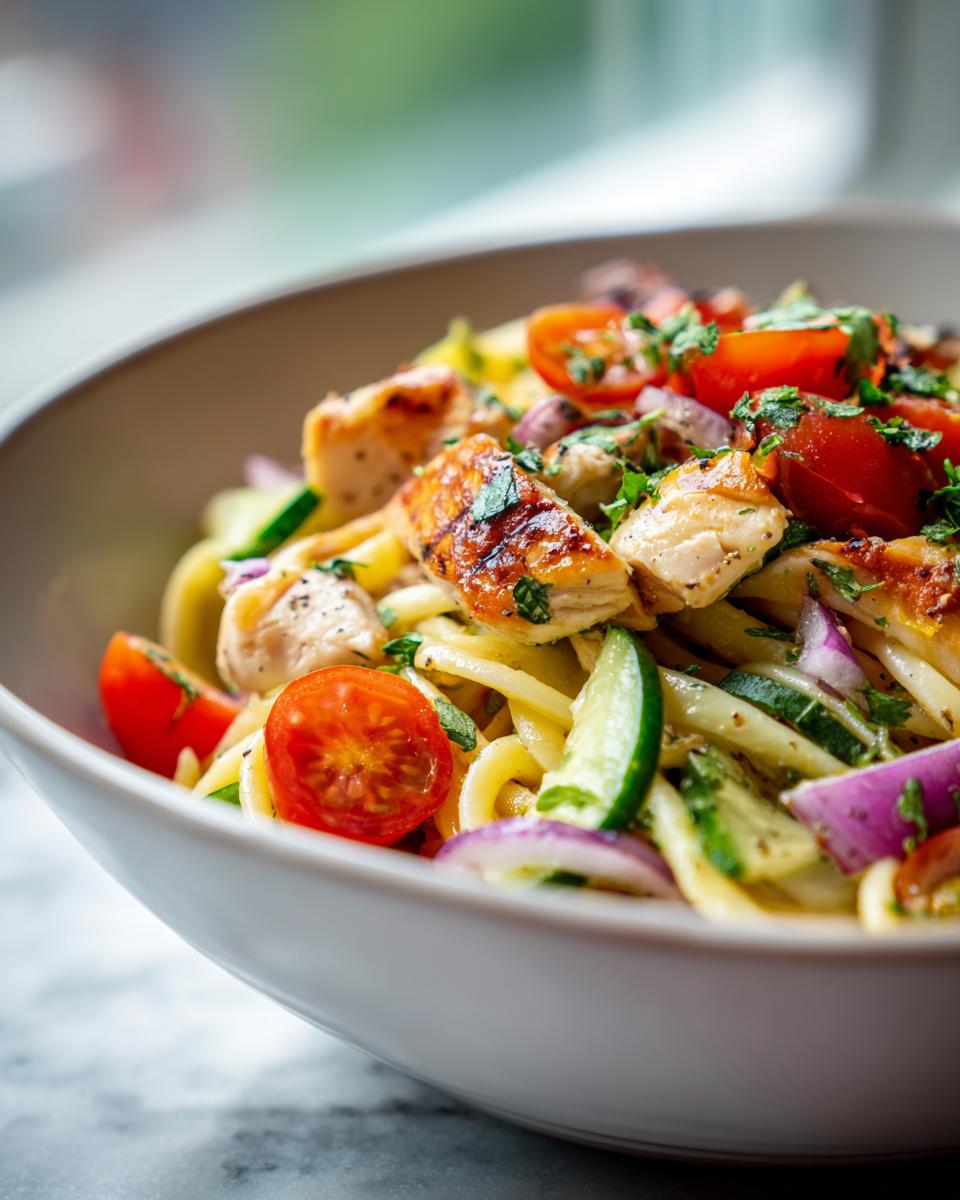 Close-up of a bowl of pasta salad grilled chicken with tomatoes, cucumbers, and red onion.