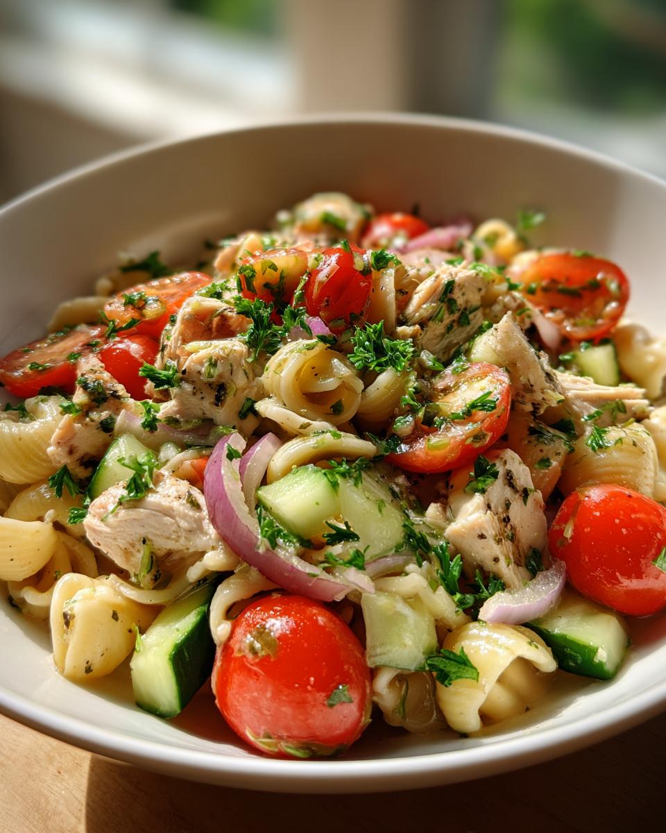 Close-up of pasta salad grilled chicken with tomatoes, cucumbers, and red onion.