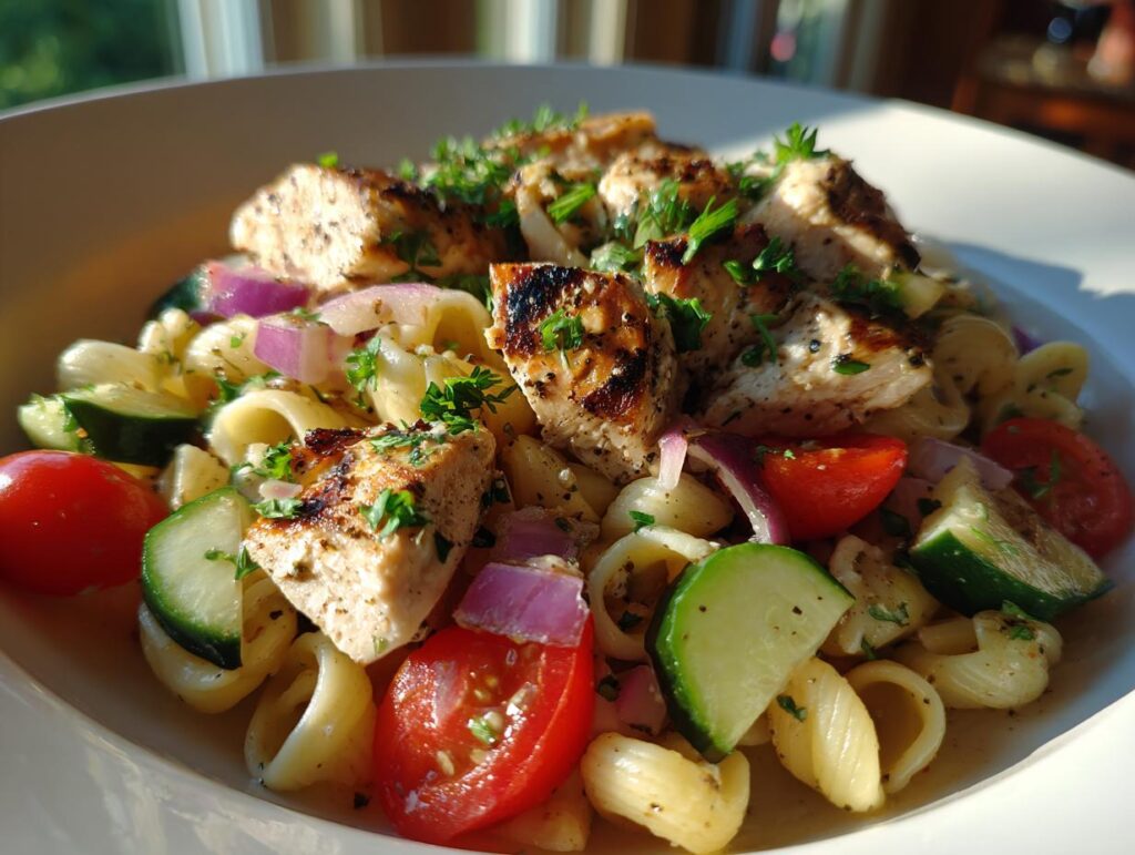 Close-up of a pasta salad grilled chicken dish with tomatoes, cucumbers, and red onion.