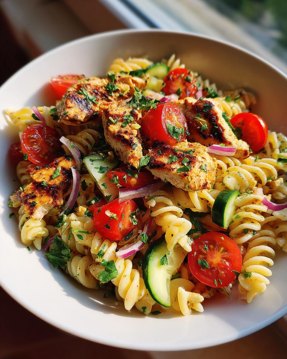Close-up of pasta salad grilled chicken with tomatoes, cucumbers, and red onion.