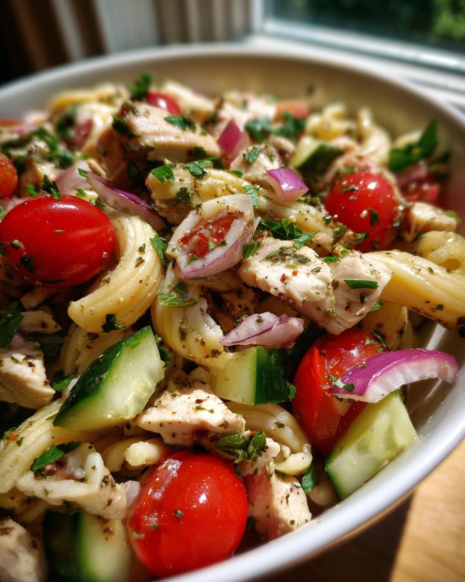 Close-up of a bowl of pasta salad grilled chicken with tomatoes, cucumber, and red onion.