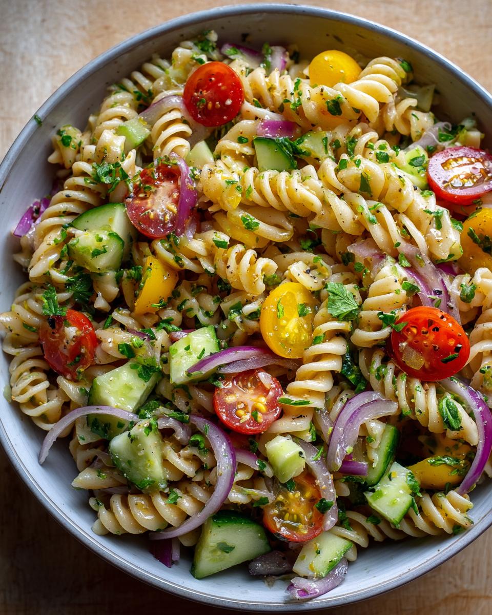 Overhead shot of a vibrant pasta salad with tomatoes, cucumber, red onion, and herbs. This is a pasta salad healthy recipe.