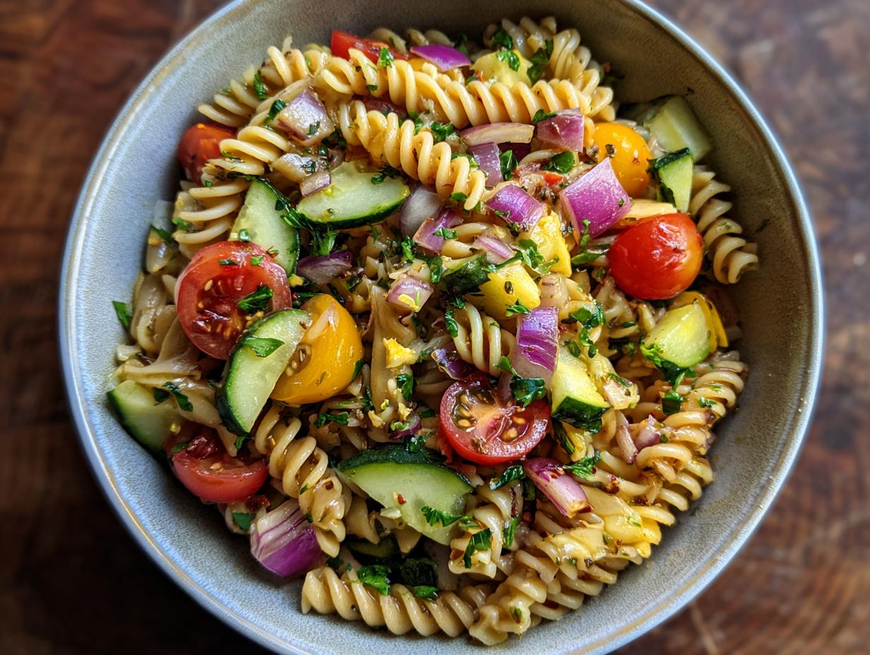 Overhead shot of a vibrant pasta salad with tomatoes, cucumbers, red onion, and herbs. This is one of our pasta salad healthy recipes.
