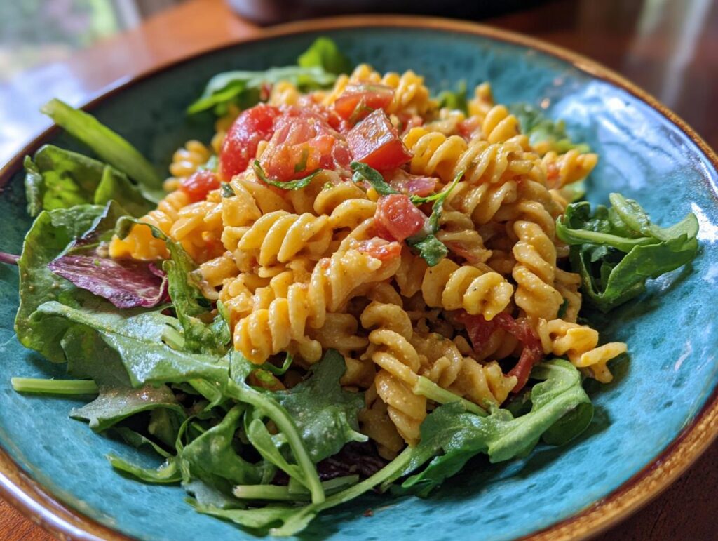 Close-up of a delicious pasta salad healthy recipes with tomatoes and fresh greens in a blue bowl.