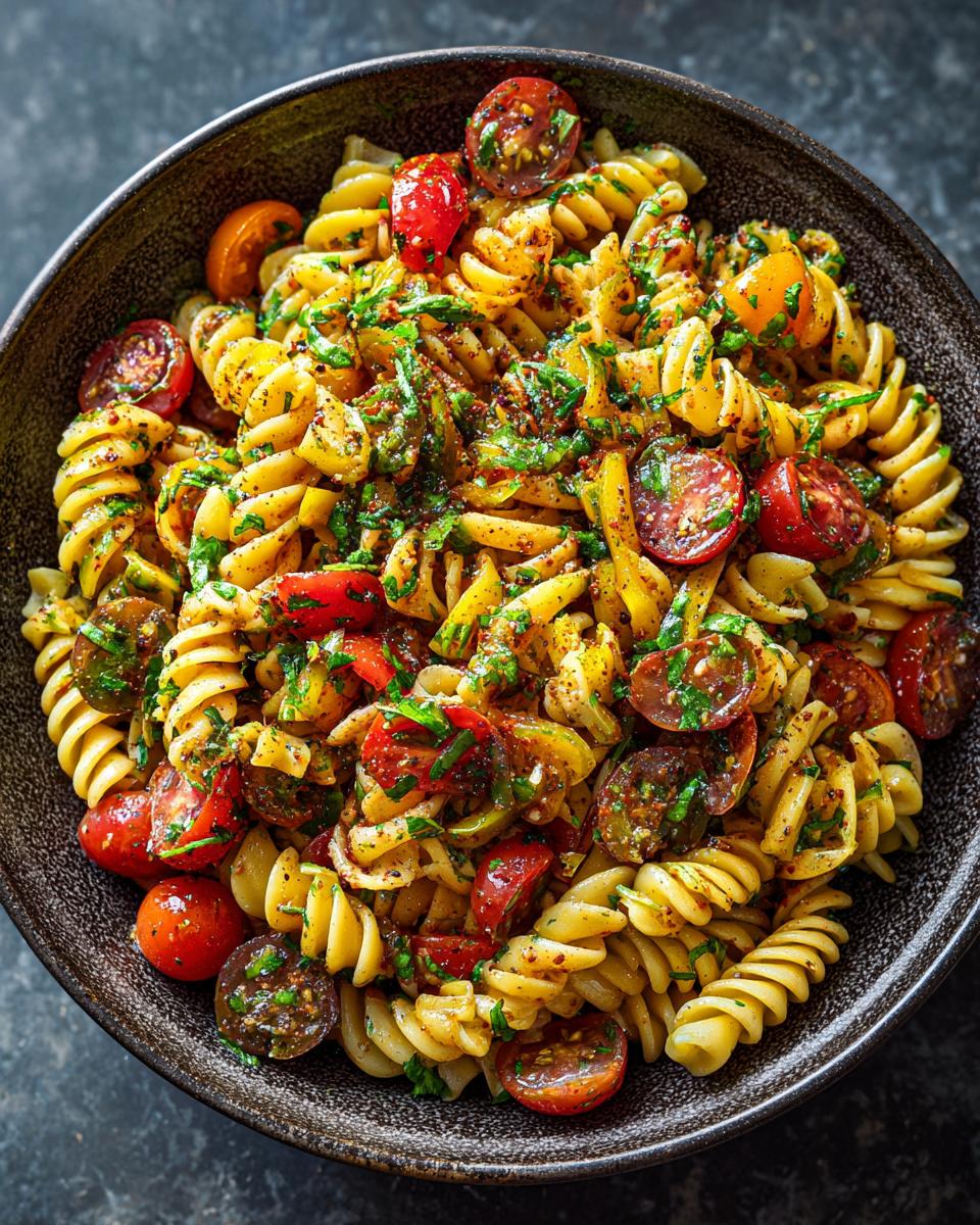 Close-up of a bowl of pasta salad healthy recipes with tomatoes and herbs.
