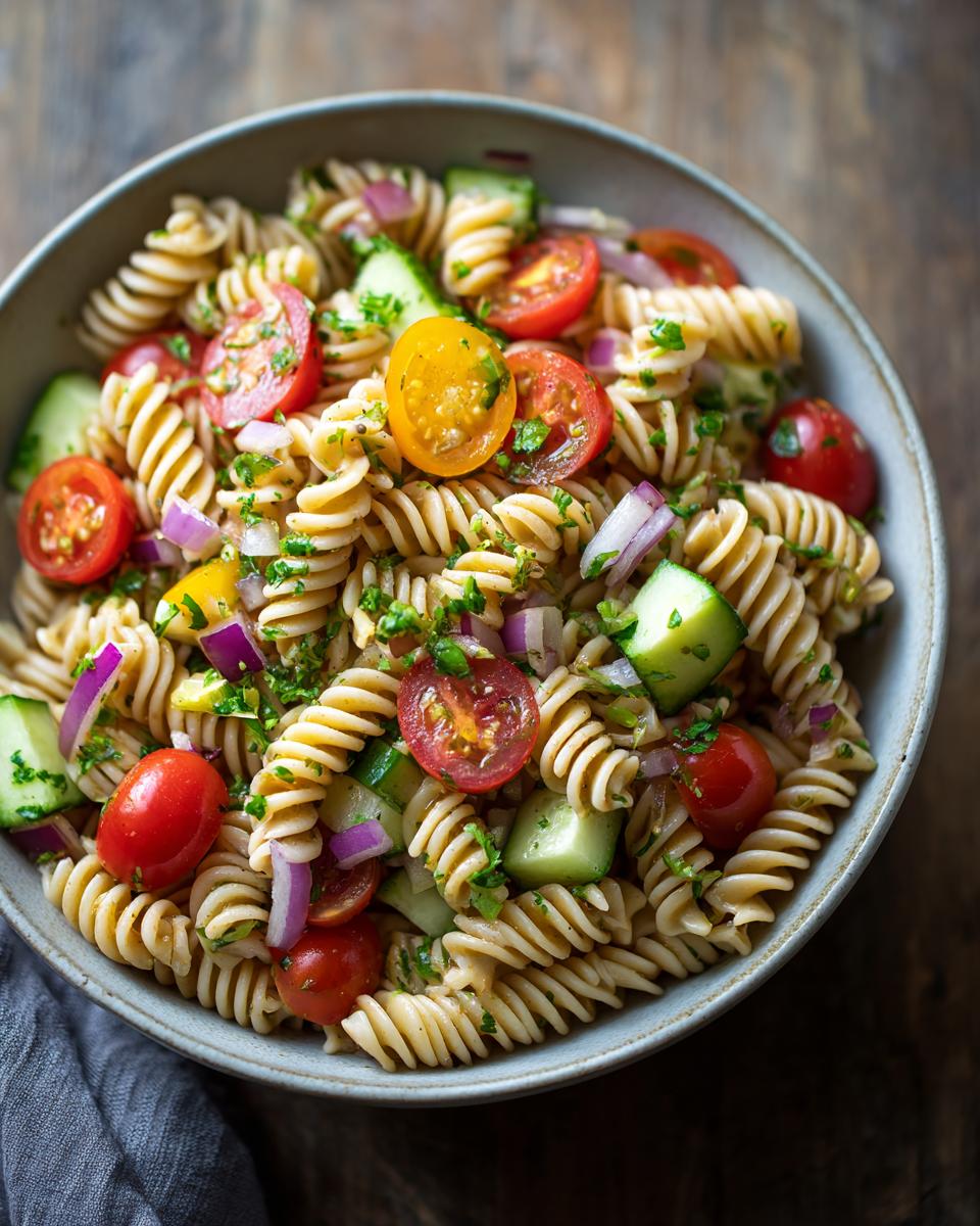 Close-up of a bowl of pasta salad healthy recipes with tomatoes, cucumber, and red onion.