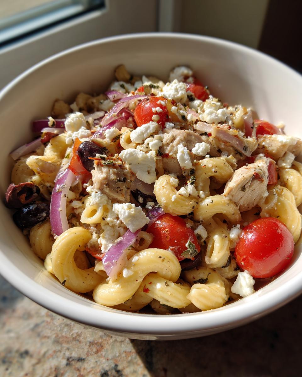 Close-up of a bowl of high protein pasta salad with chicken, tomatoes, feta, and red onion.
