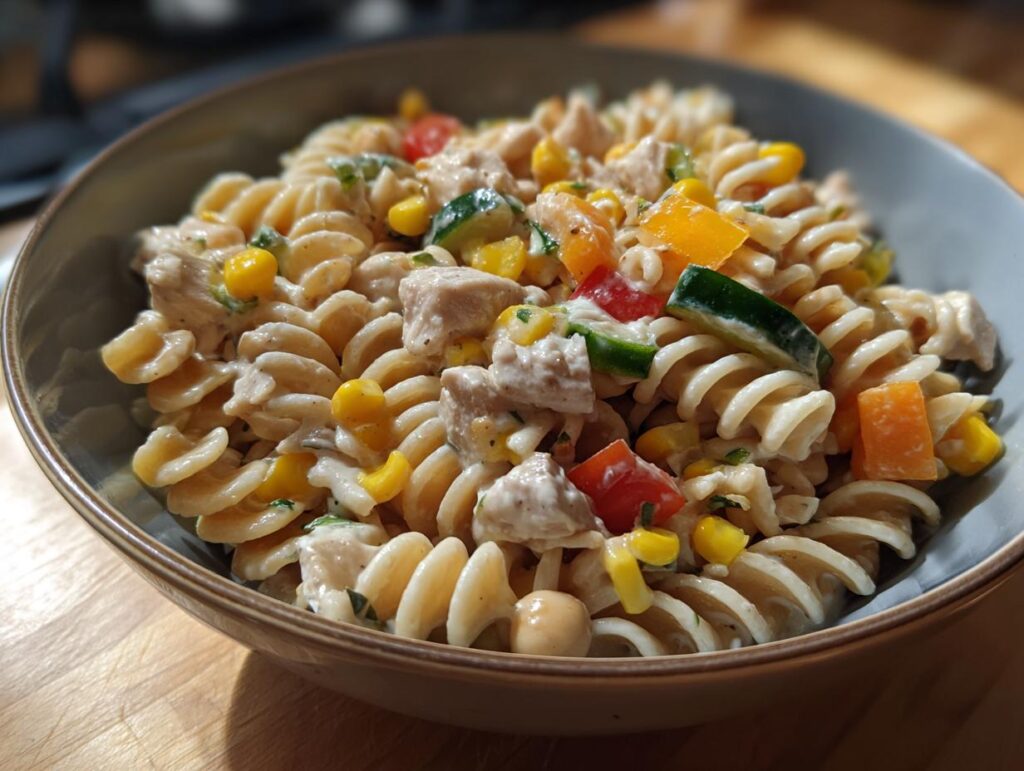 Close-up of a bowl of pasta salad high protein with chicken, vegetables, and creamy dressing.
