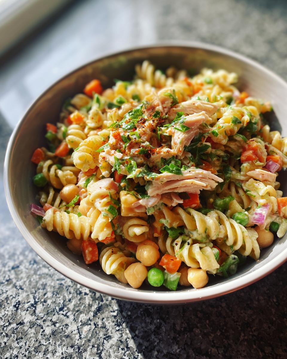 Close-up of a bowl of pasta salad high protein with tuna, chickpeas, and vegetables.