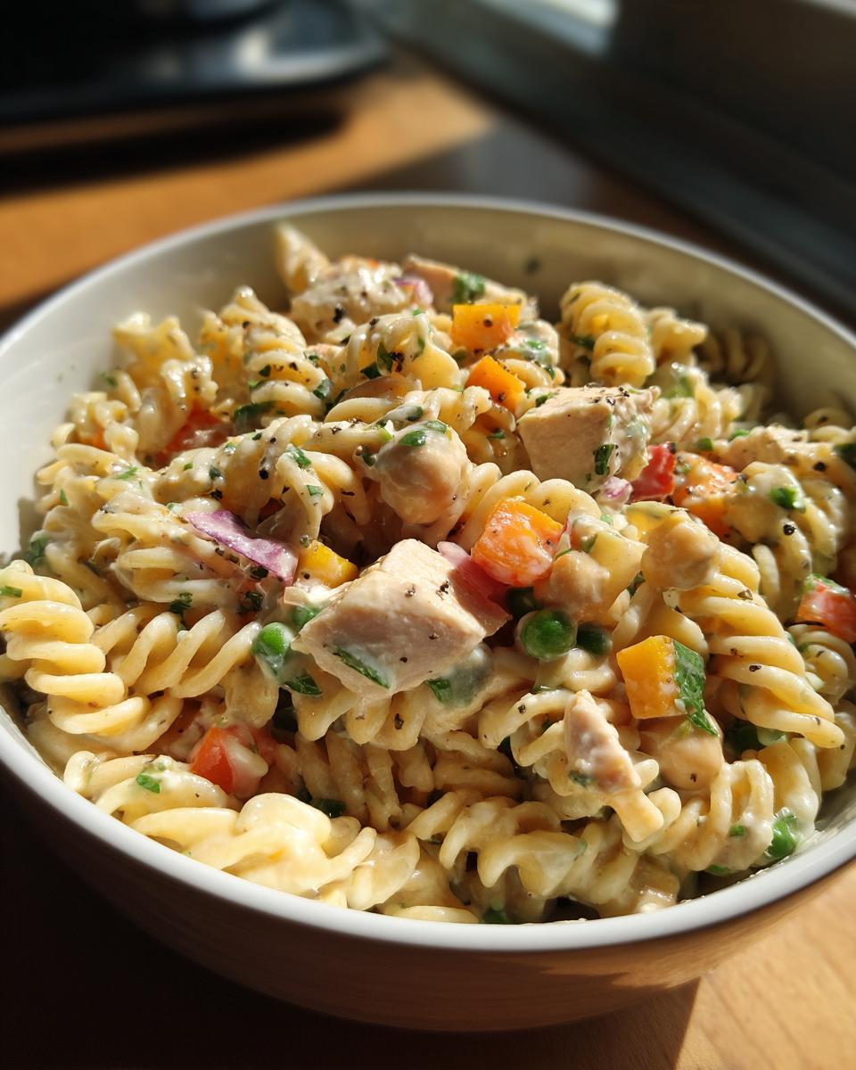 Close-up of a bowl filled with pasta salad high protein with chicken, vegetables, and creamy dressing.