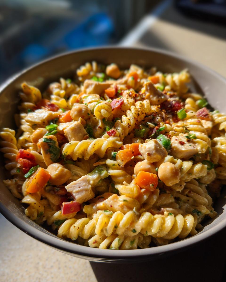 Close-up of a bowl of pasta salad high protein with chicken, chickpeas, and vegetables.