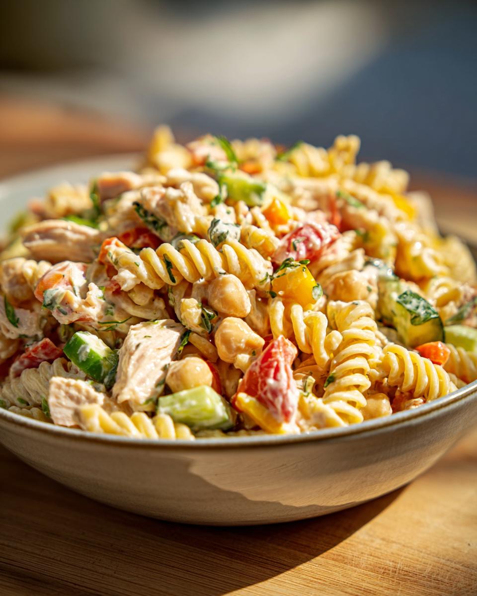 Close-up of a bowl of pasta salad high protein with vegetables and chickpeas.