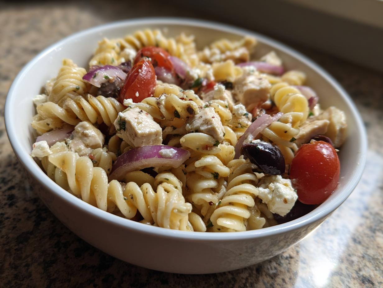Close-up of a high protein pasta salad with chicken, tomatoes, red onion, and feta cheese. The pasta salad high protein is in a white bowl.