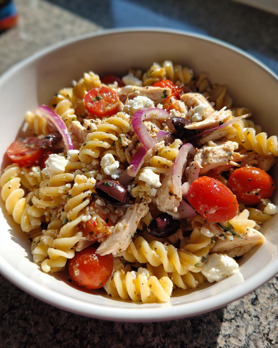 Close-up of a bowl of pasta salad high protein with chicken, tomatoes, olives, and feta cheese.