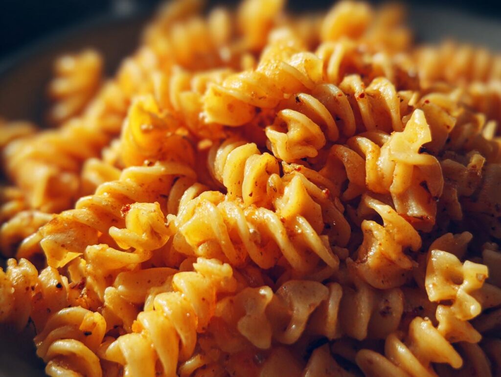 Close-up of cooked pasta, ready to be used in a high protein pasta salad recipe.