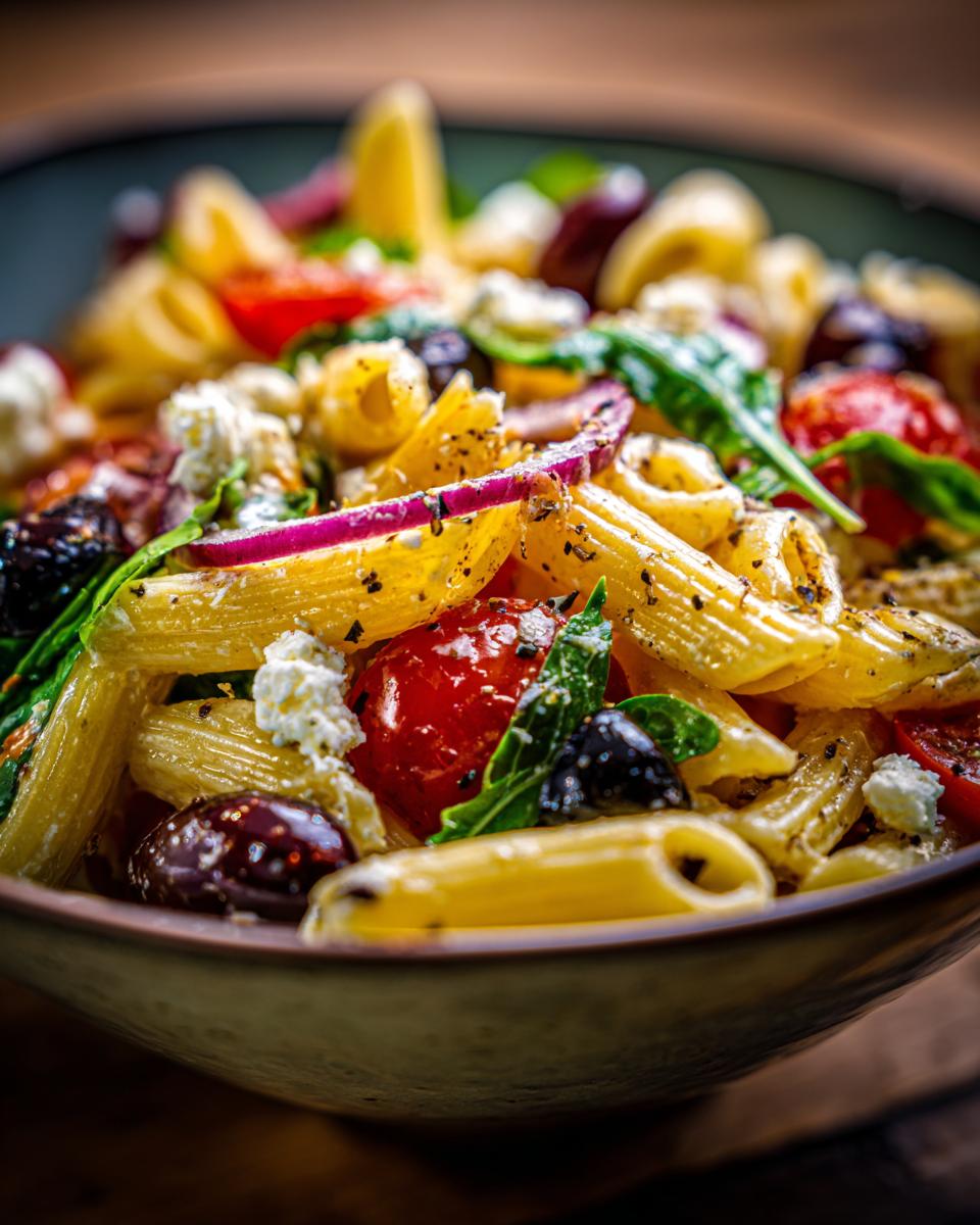 Close-up of a pasta salad with tomatoes, olives, and feta. How do you make pasta salad?