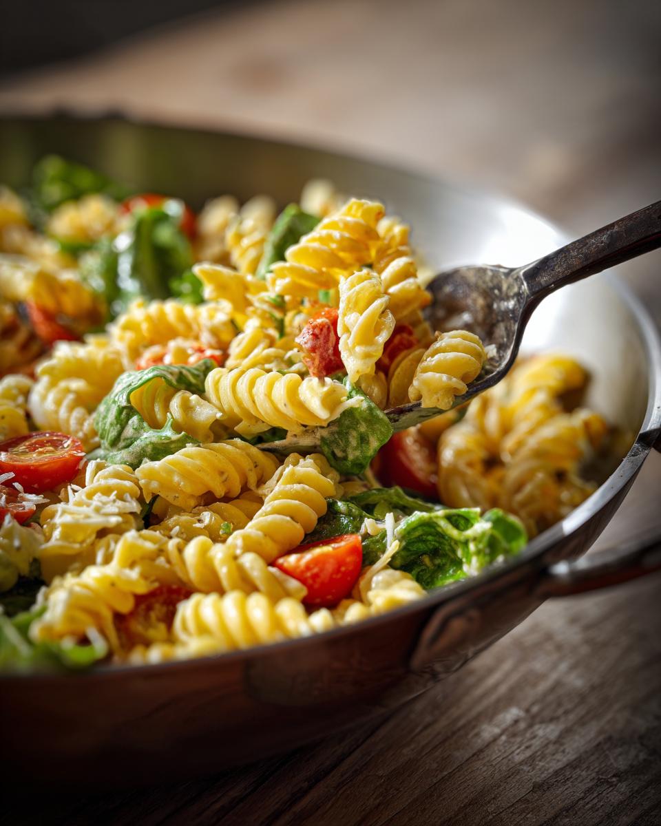 Close-up of pasta salad with tomatoes, spinach, and cheese. How do you make pasta salad?