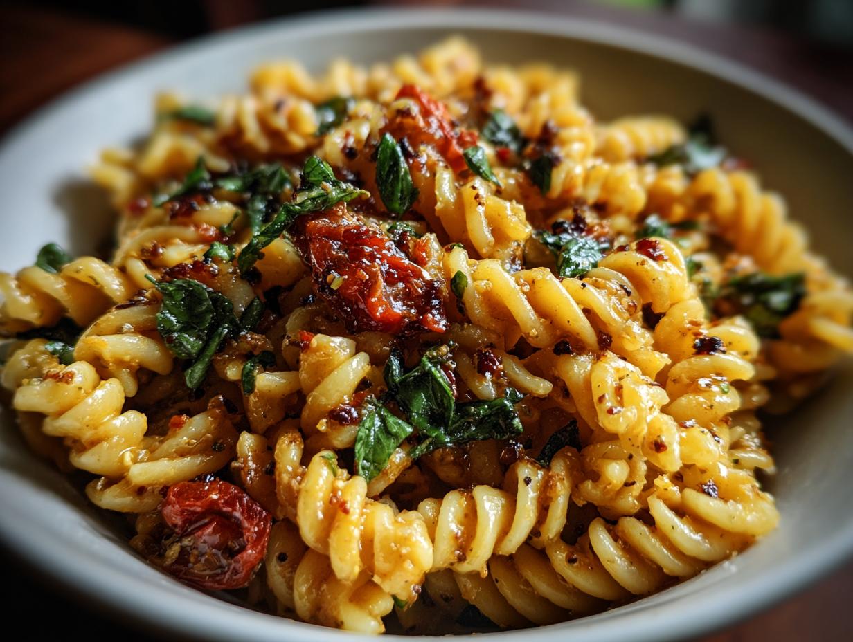 Close-up of pasta salad with tomatoes and basil, showing how do you make pasta salad.