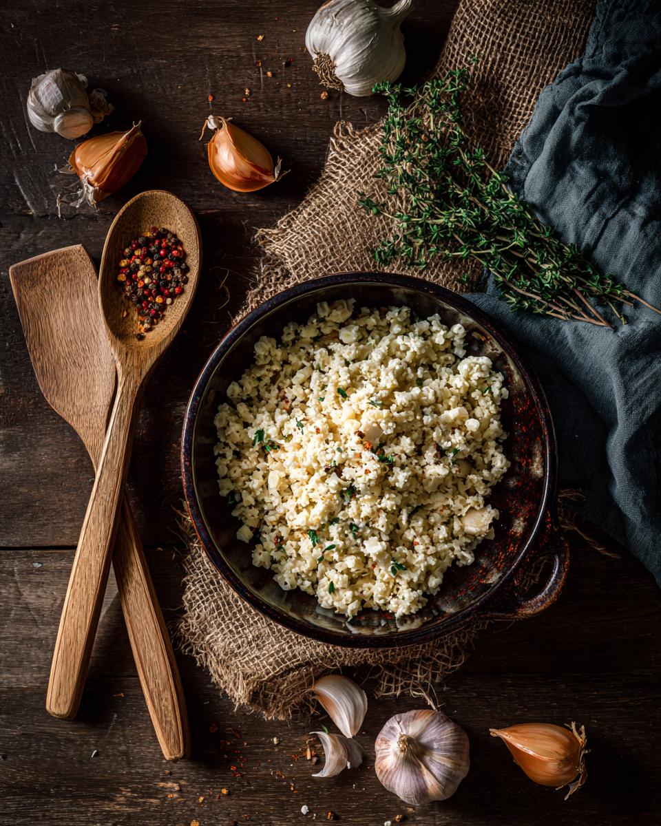 Overhead shot of ingredients for pasta salad, including garlic, herbs, and spices. How do you make pasta salad?