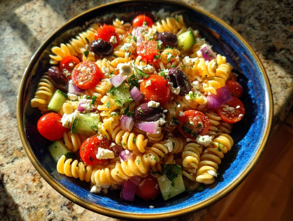A colorful pasta salad July 4th with tomatoes, olives, cucumber, and feta cheese in a blue bowl.
