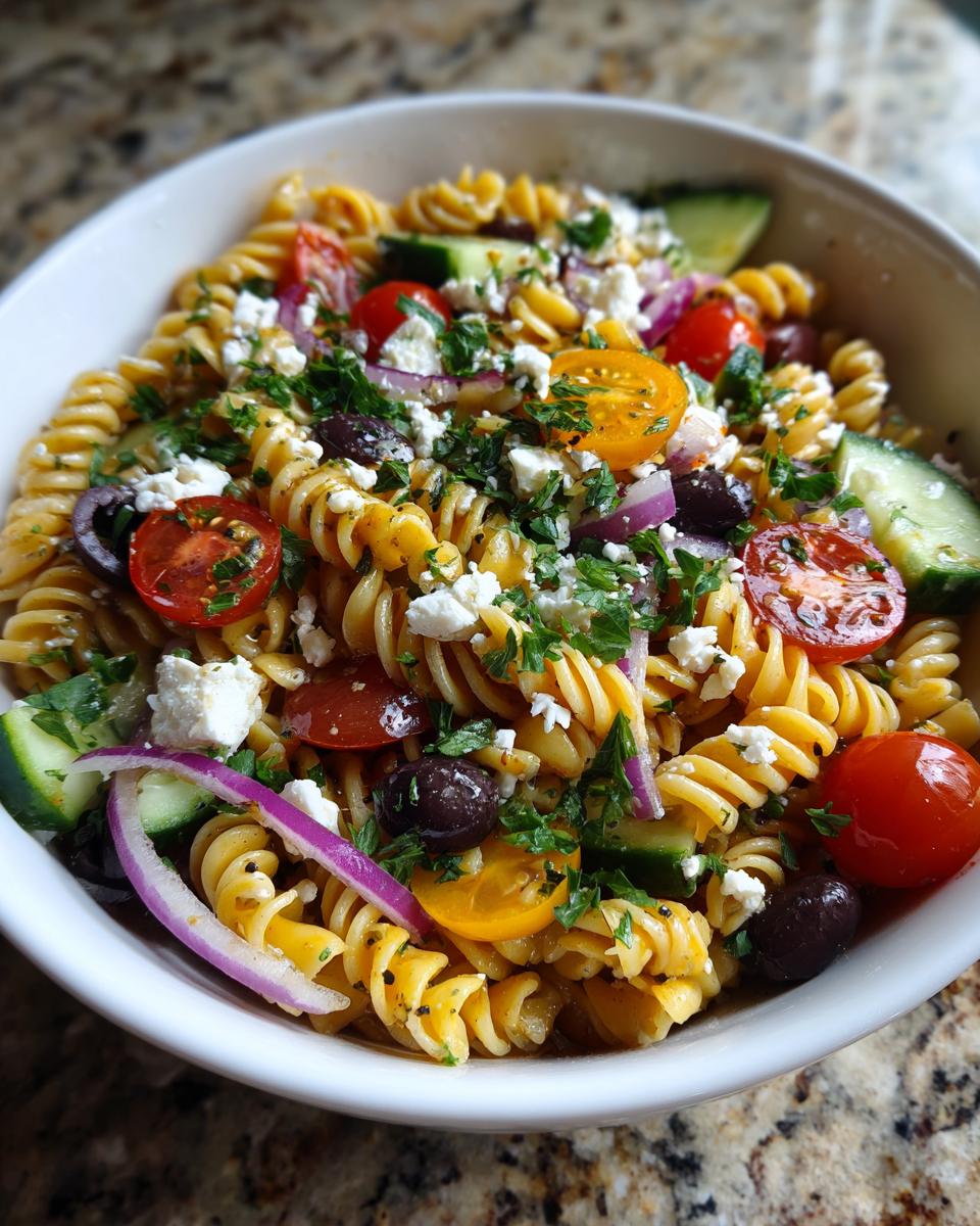 Close-up of a colorful pasta salad July 4th with tomatoes, olives, cucumbers, and feta cheese.