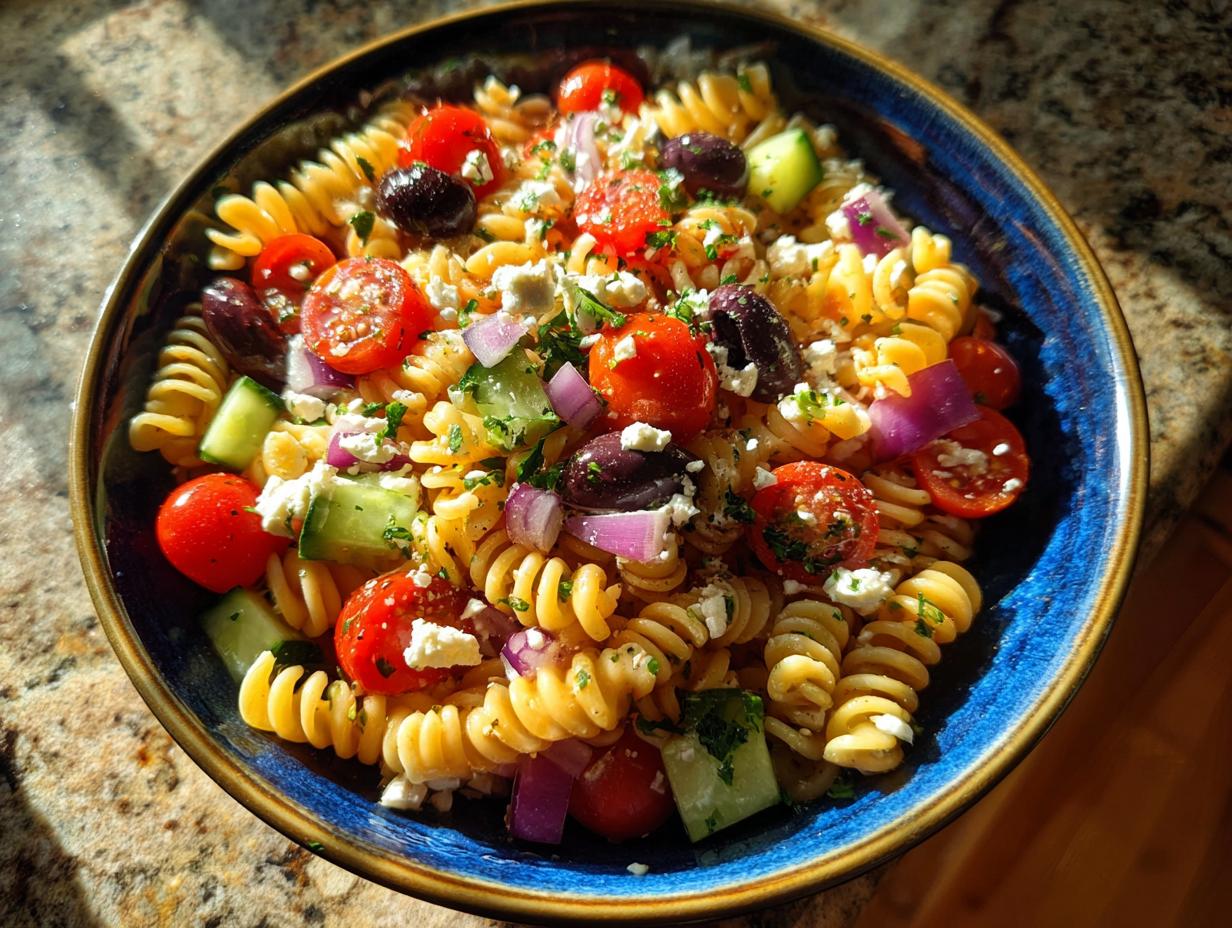 A colorful pasta salad July 4th with tomatoes, olives, cucumber, and feta cheese in a blue bowl.