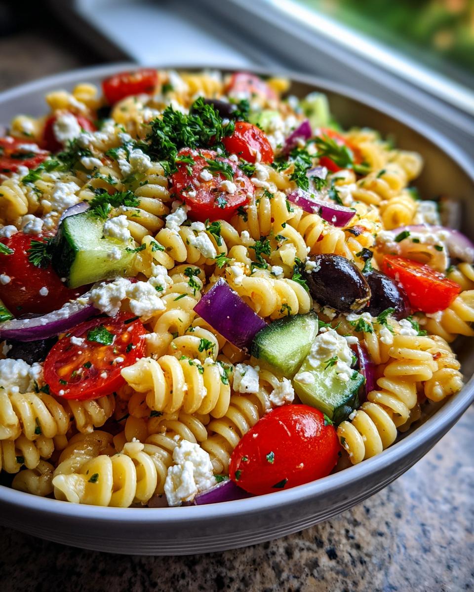 Close-up of a colorful pasta salad July 4th with tomatoes, olives, feta, and cucumbers.