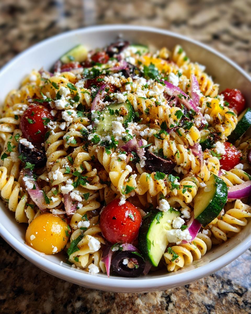 Close-up of a colorful pasta salad July 4th with tomatoes, olives, feta, and cucumber.