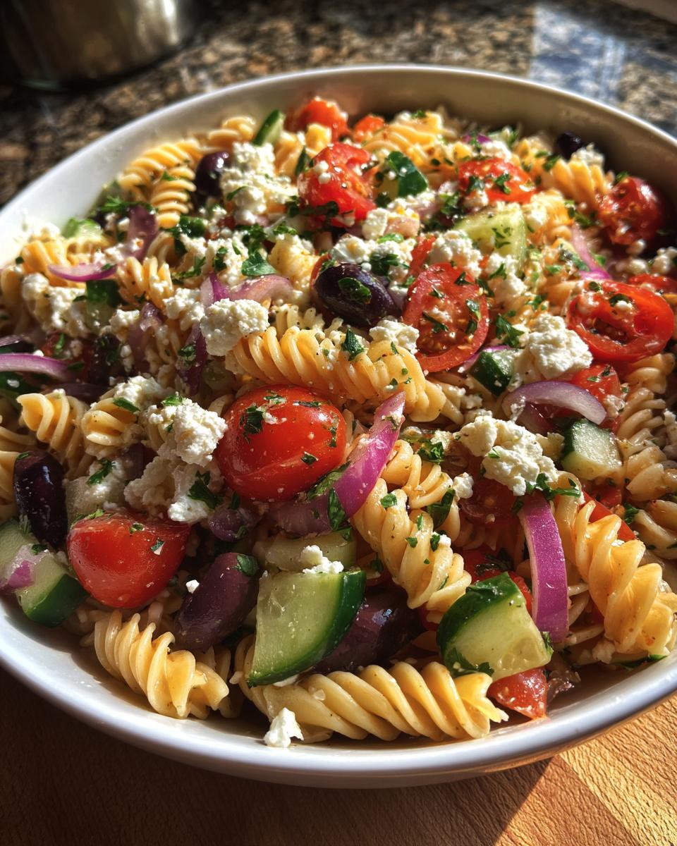 Close-up of a colorful pasta salad July 4th with tomatoes, cucumbers, olives, and feta.