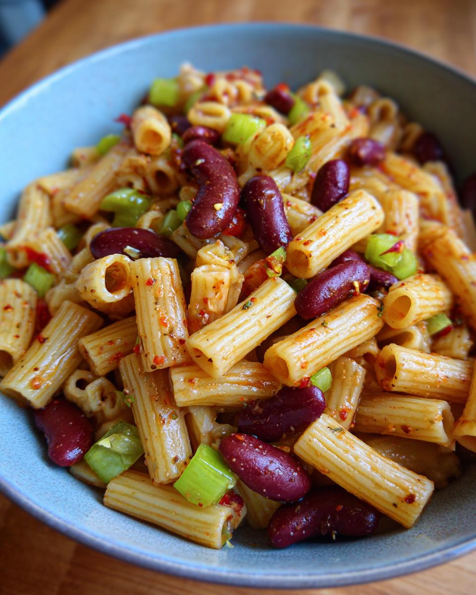 Close-up of a bowl of pasta salad kidney beans with rigatoni pasta, kidney beans, and celery.