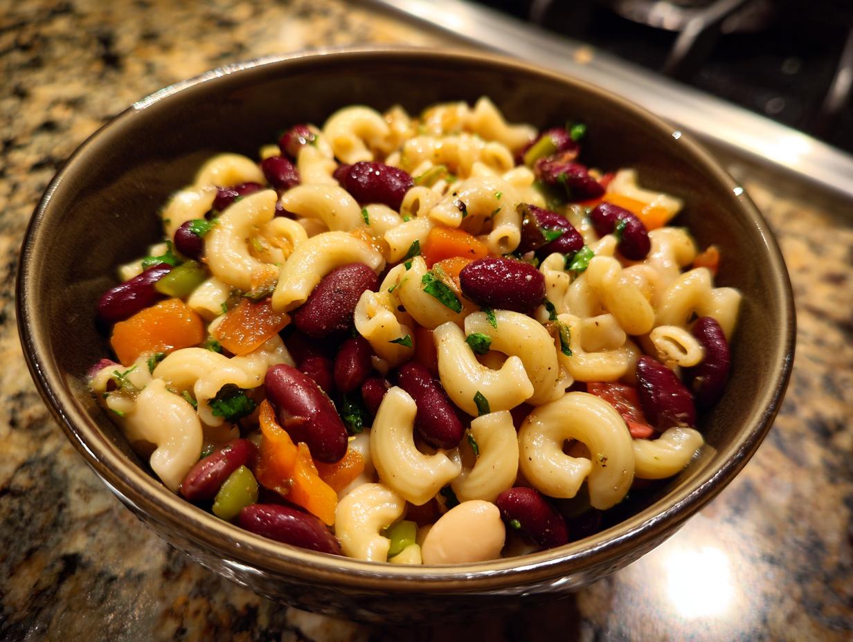 Close-up of a bowl of pasta salad kidney beans with elbow macaroni, kidney beans, and vegetables.