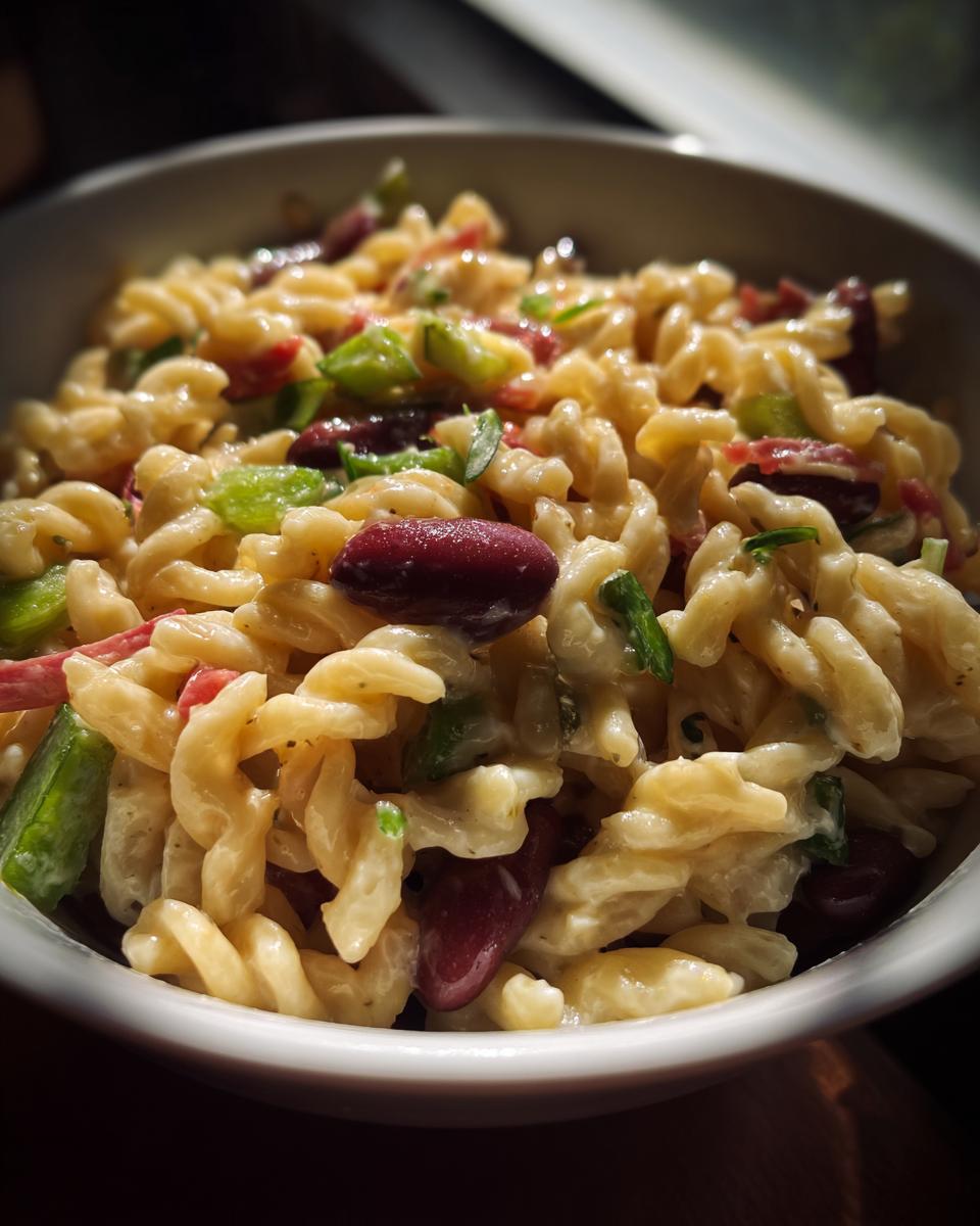 Close-up of a bowl of creamy pasta salad with kidney beans, green peppers, and red peppers.