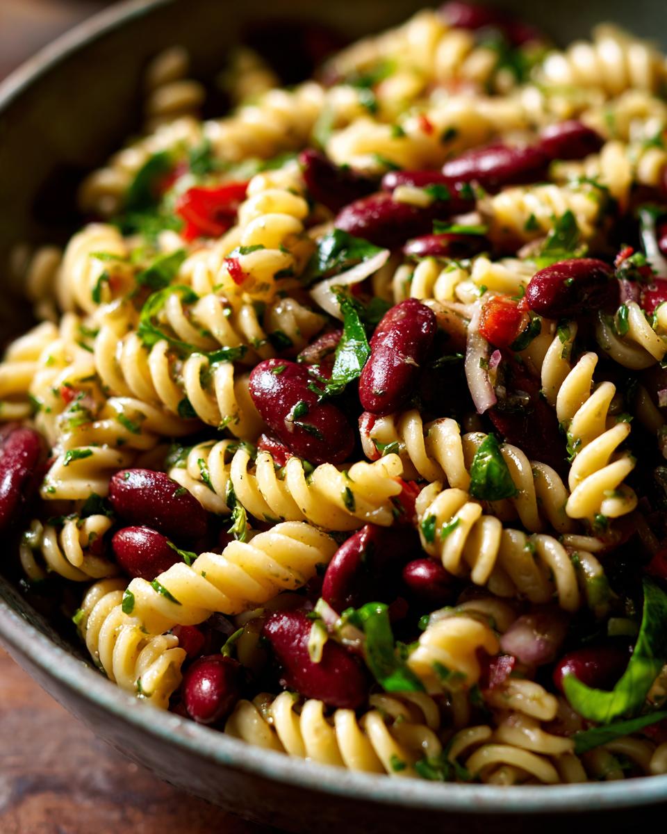 Close-up of pasta salad kidney beans, with fusilli pasta, kidney beans, herbs, and dressing.