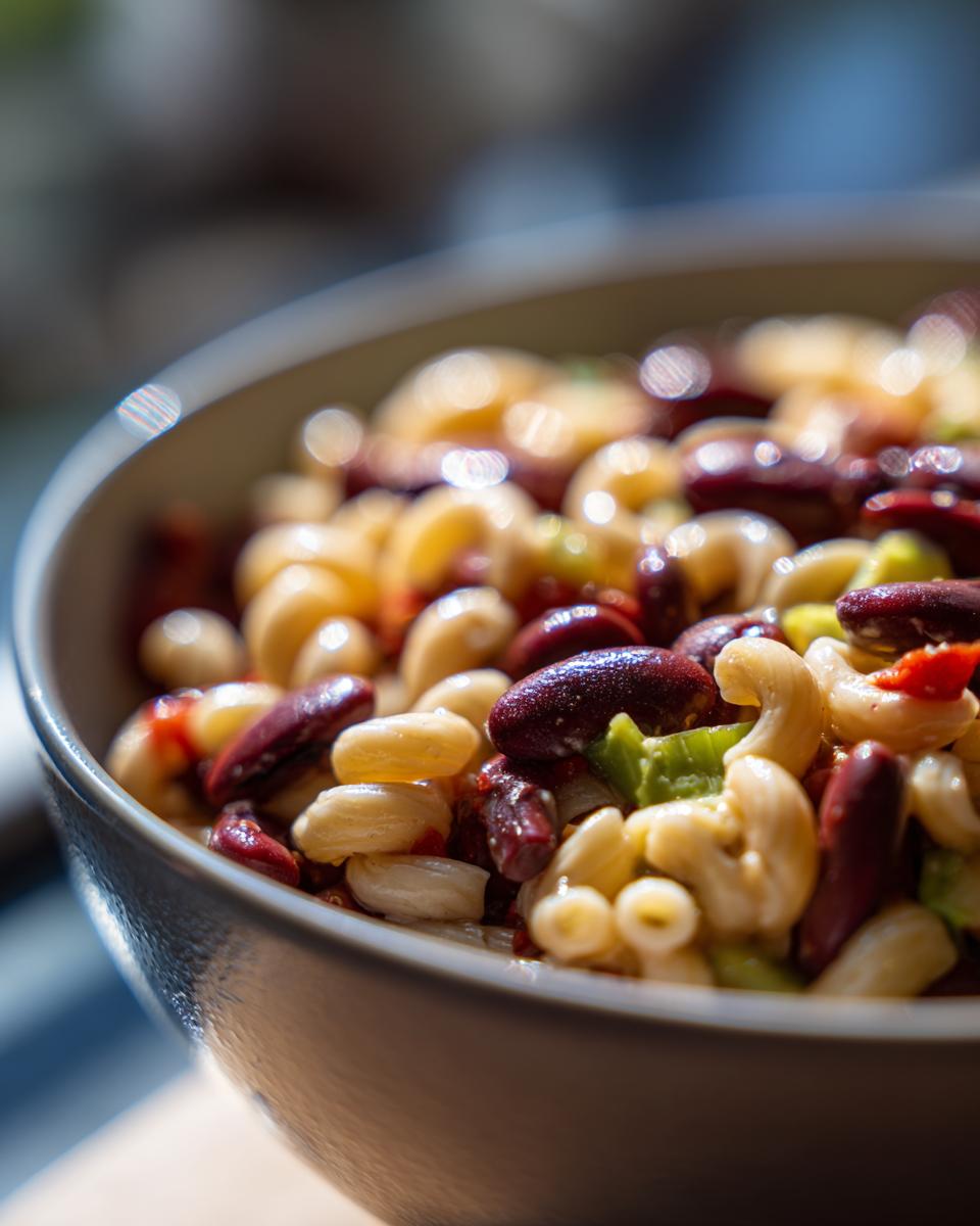 Close-up of a bowl of pasta salad kidney beans, with pasta, kidney beans, and vegetables.