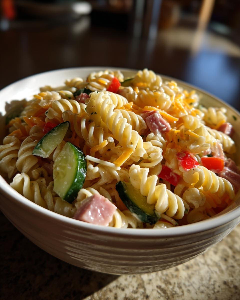 Close-up of a bowl filled with pasta salad kids love, featuring rotini pasta, vegetables, and cheese.