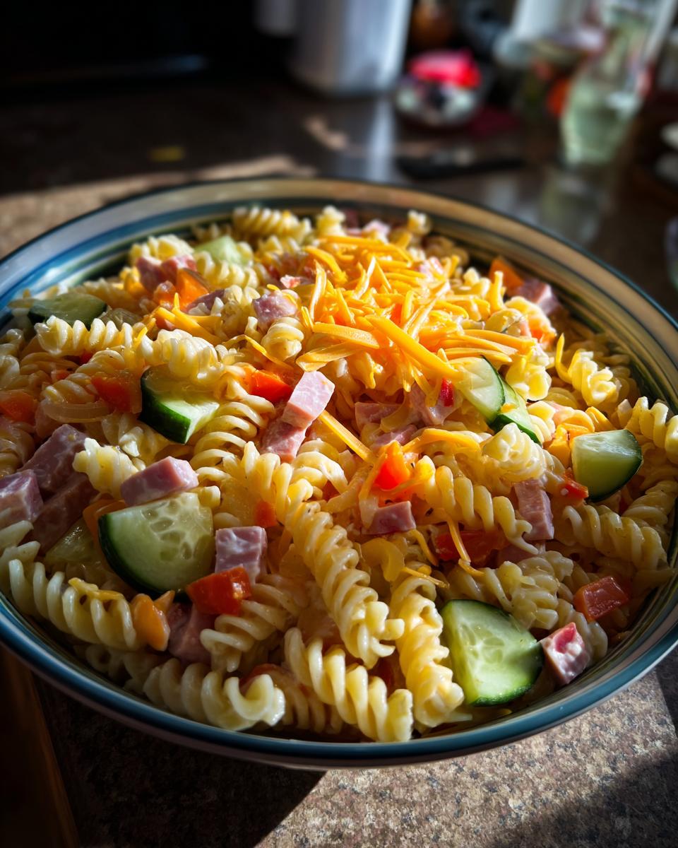 Close-up of a bowl of pasta salad kids love with spiral pasta, cheese, ham, and vegetables.