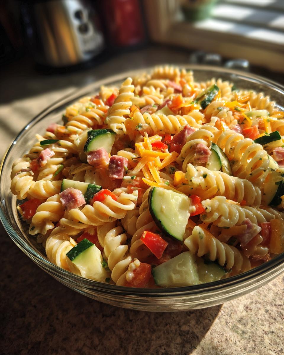 Close-up of a bowl filled with pasta salad kids love, featuring rotini pasta, vegetables, and cheese.