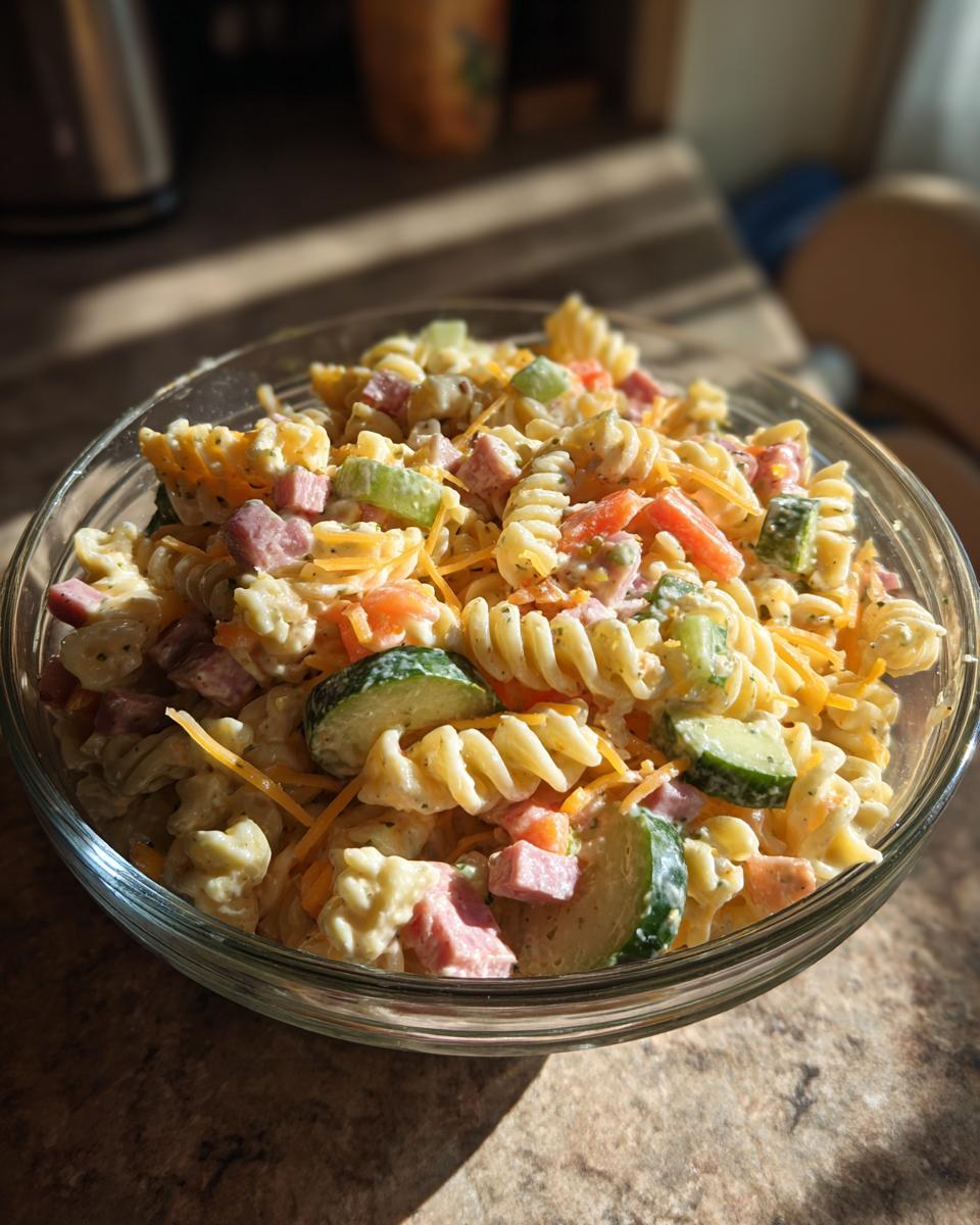 Close-up of a bowl of pasta salad kids love, with rotini pasta, vegetables, and cheese.