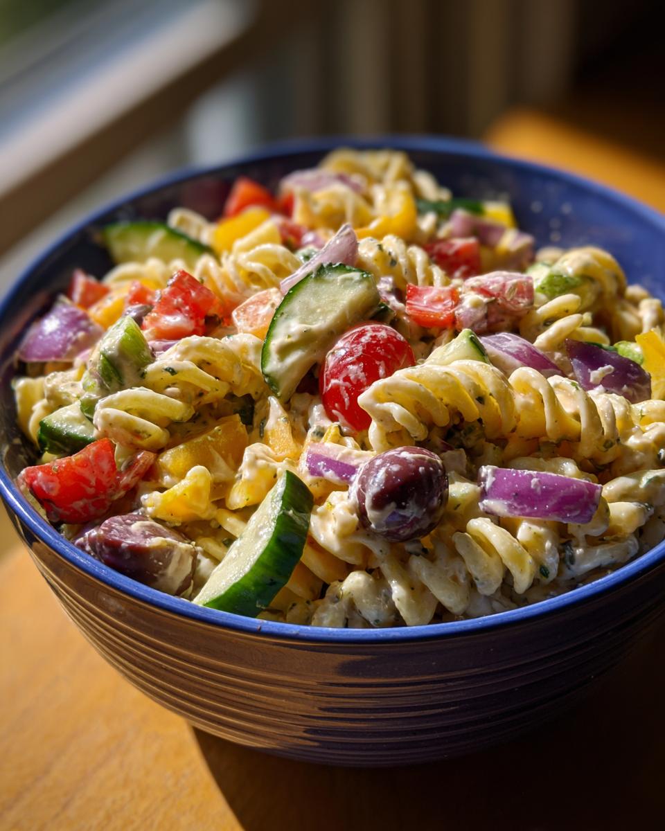 Close-up of a pasta salad lunch meal prep in a blue bowl with vegetables and creamy dressing.