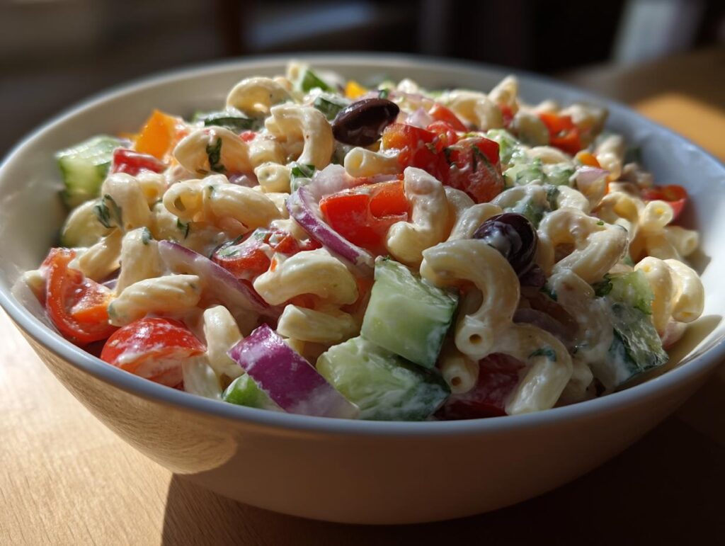 Close-up of a bowl filled with pasta salad lunch meal prep, with tomatoes, cucumbers, and olives.