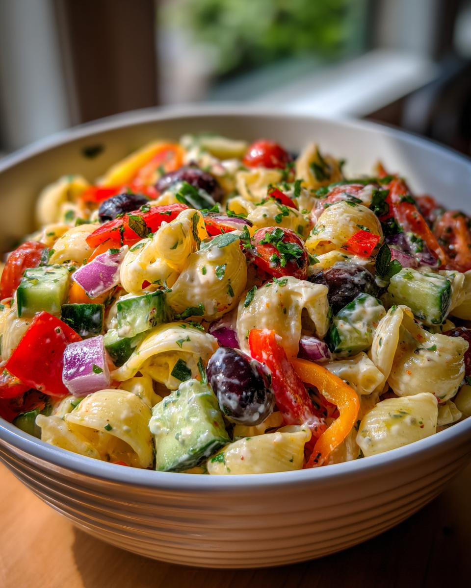 Close-up of a vibrant pasta salad lunch meal prep with vegetables and olives.