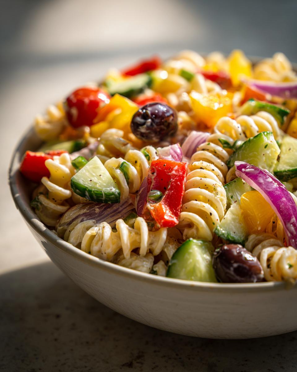 Close-up of a pasta salad lunch meal prep bowl with vegetables and olives.