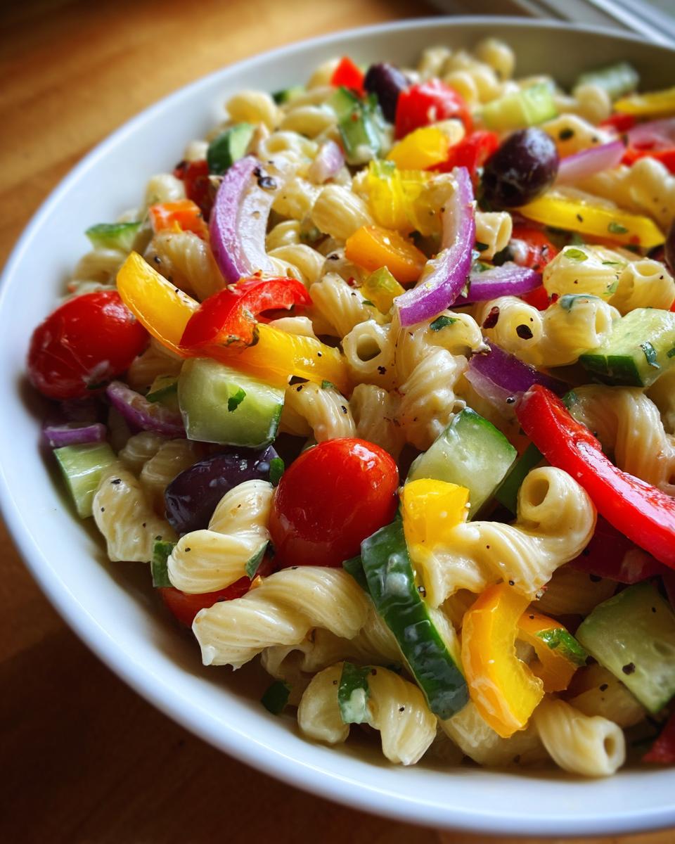 Close-up of a vibrant pasta salad lunch meal prep with vegetables and olives.