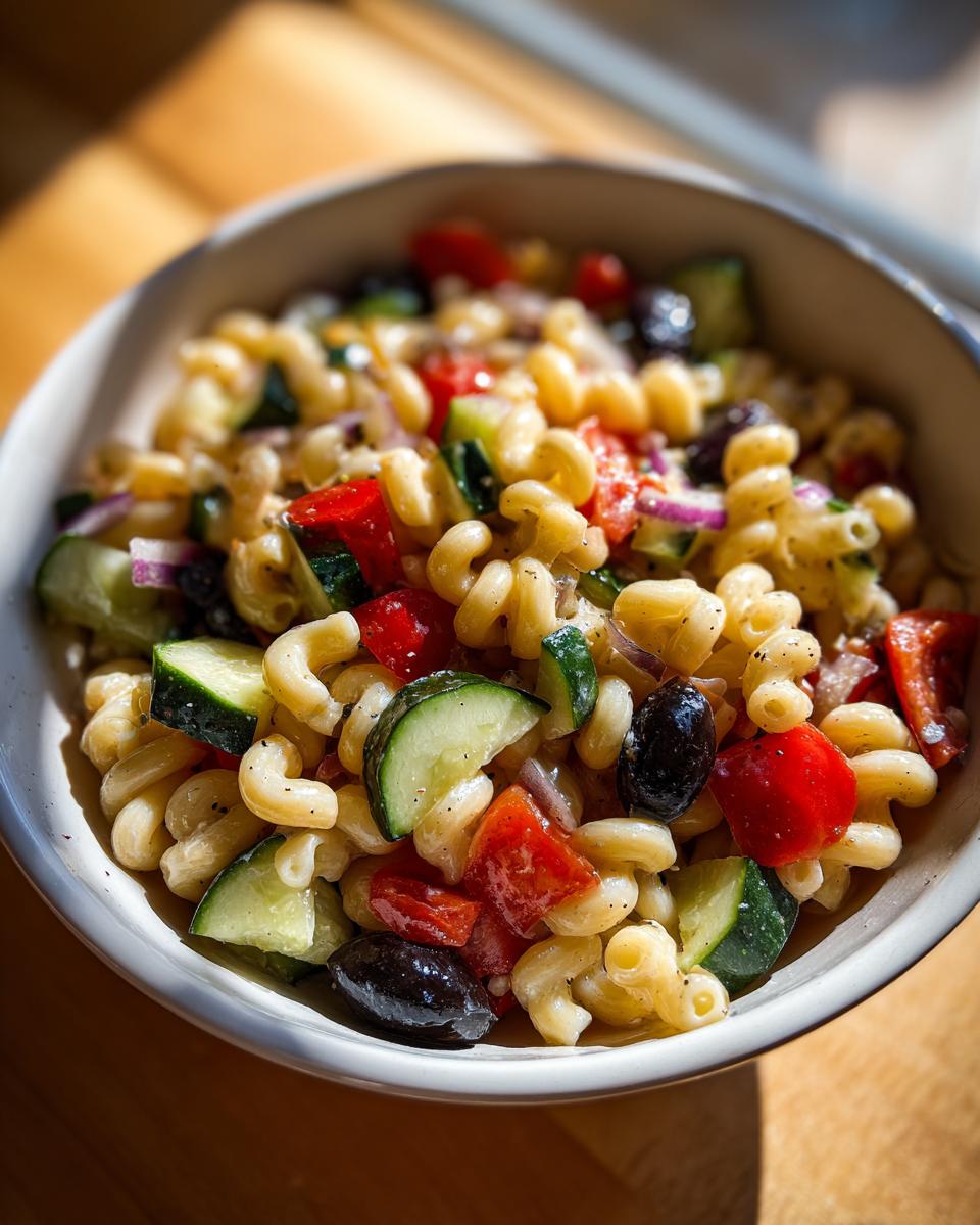 Close-up of a pasta salad no cheese with vegetables and olives in a white bowl.