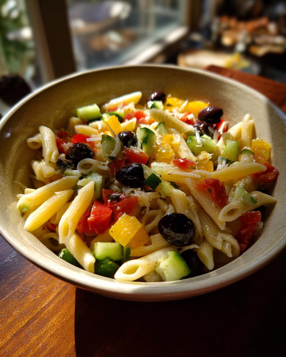 Close-up of a pasta salad no cheese with olives, tomatoes, and cucumbers.