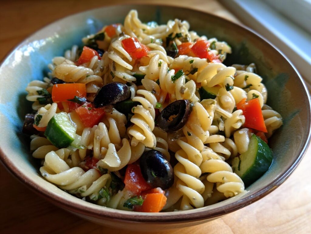 Close-up of pasta salad no cheese with rotini pasta, tomatoes, olives, and cucumber.